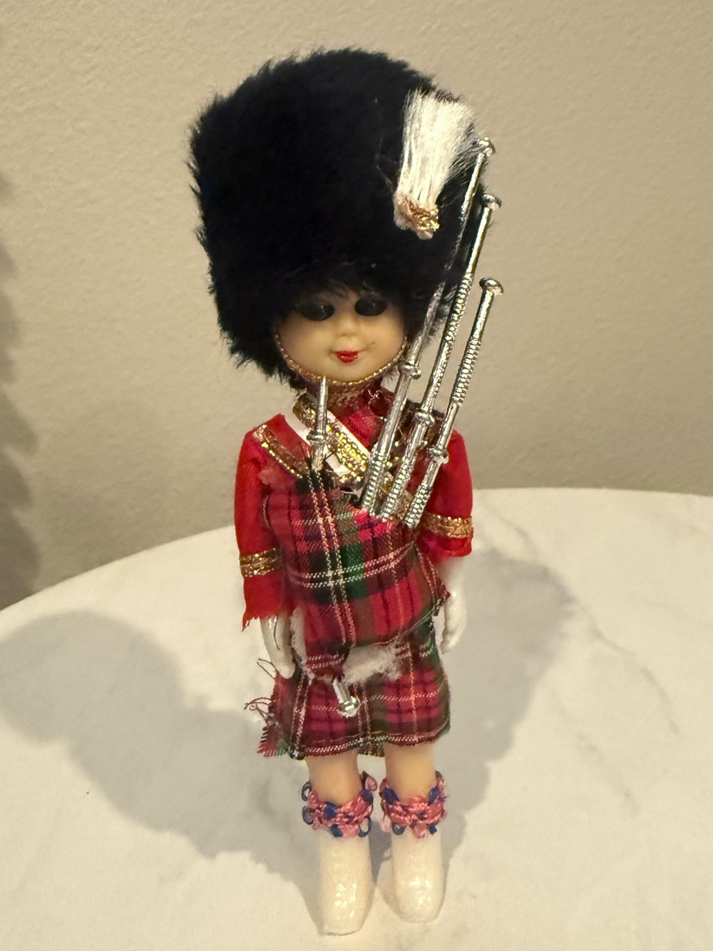 Vintage Scottish Bagpiper Doll in Red Tartan with Black Bearskin Hat